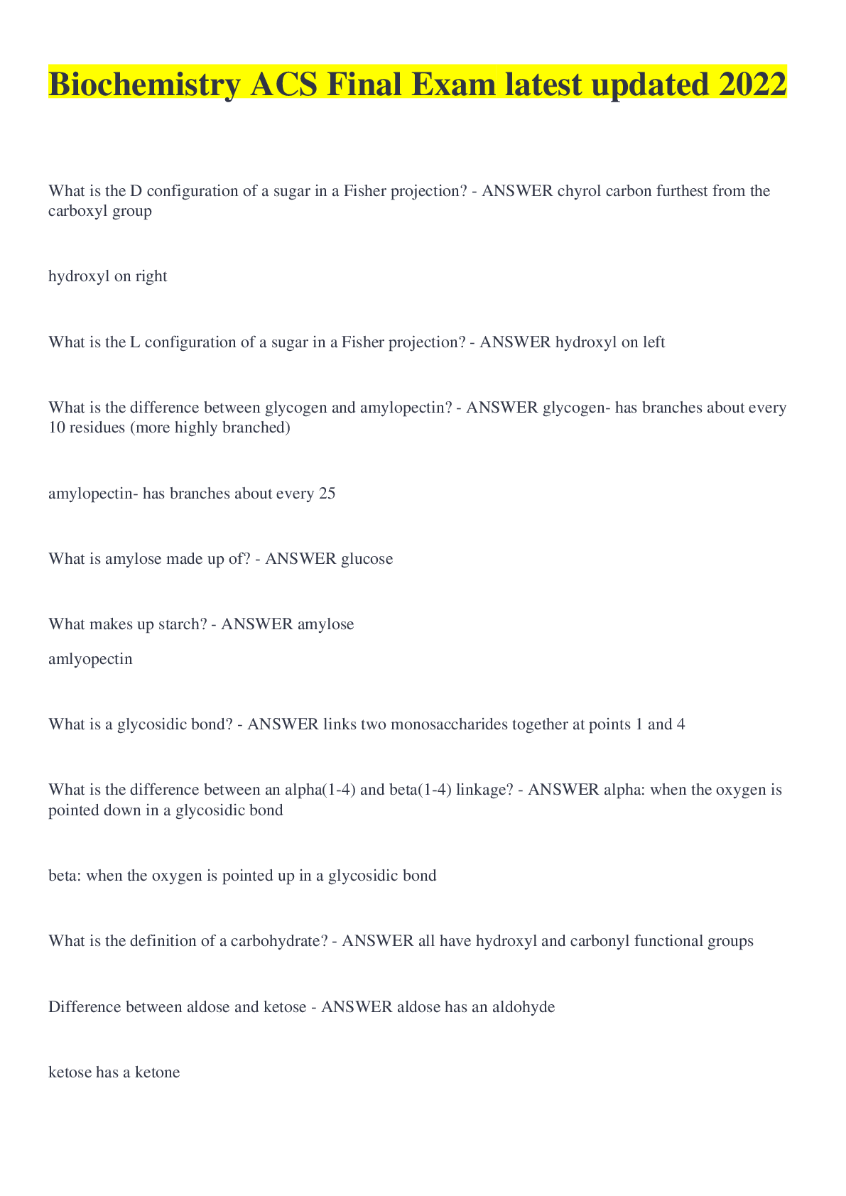 ACS BIOCHEMISTRY EXAM Bundle full pack solution (score mark 98